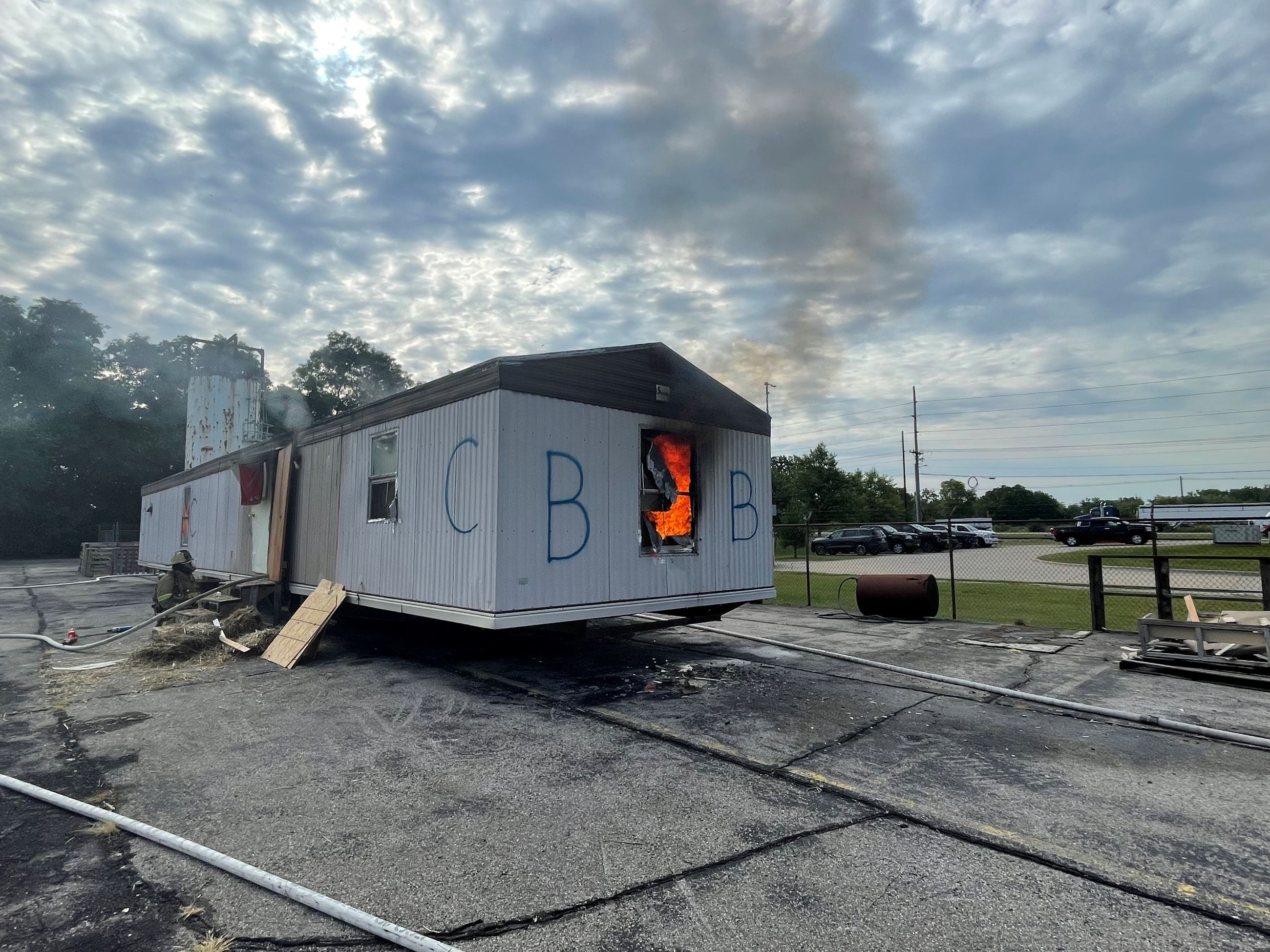 Partly sunny skies for live fire lessons wide shot - Fire Academy Training Burn 090222 (JPG)Fire Aca