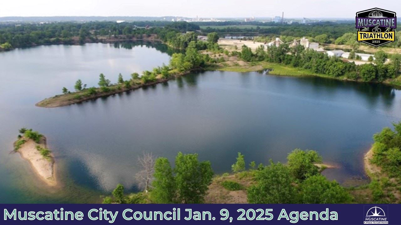 2025-08-01 Muscatine City Council Meeting Promo (JPG) showing aerial view of Deep Lakes Park