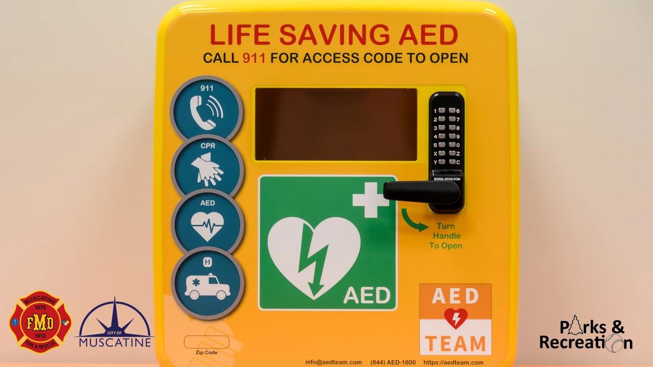 Outdoor AED Announcement showing yellow cabinet (JPG) 04-22-24
